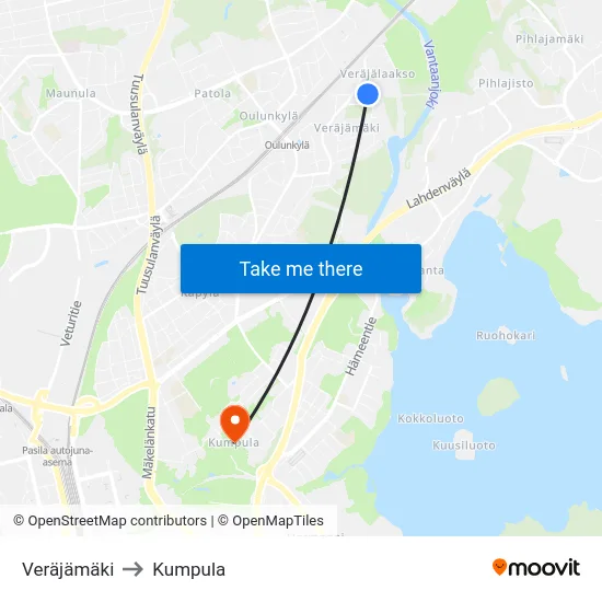 Veräjämäki to Kumpula map