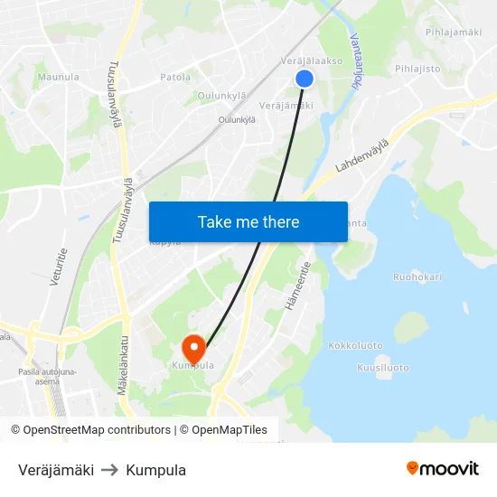 Veräjämäki to Kumpula map