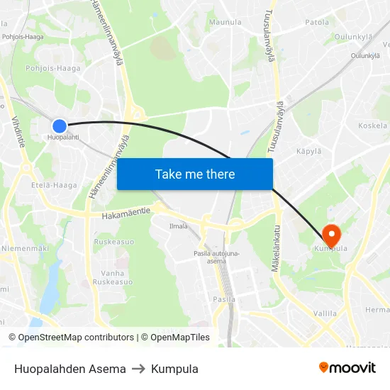 Huopalahden Asema to Kumpula map