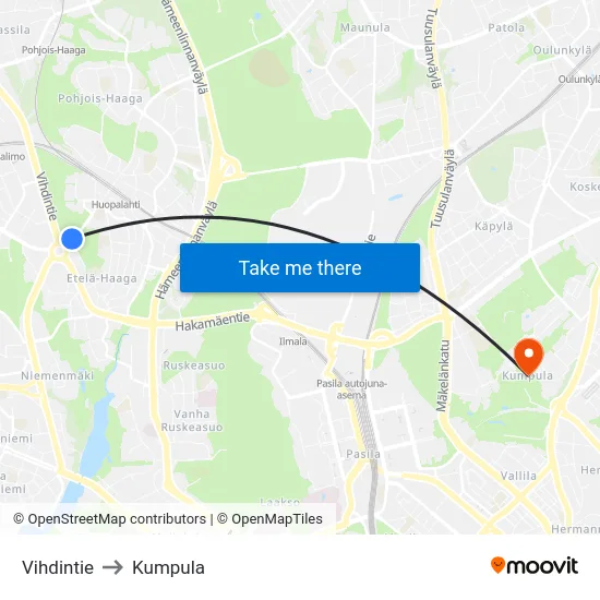 Vihdintie to Kumpula map