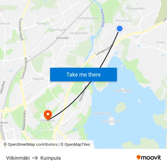 Viikinmäki to Kumpula map