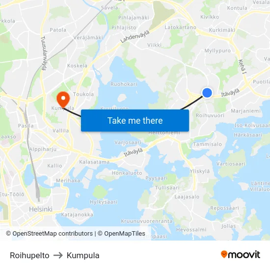 Roihupelto [Lanterna] to Kumpula map