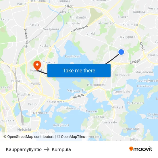 Kauppamyllyntie to Kumpula map