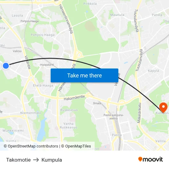 Takomotie to Kumpula map