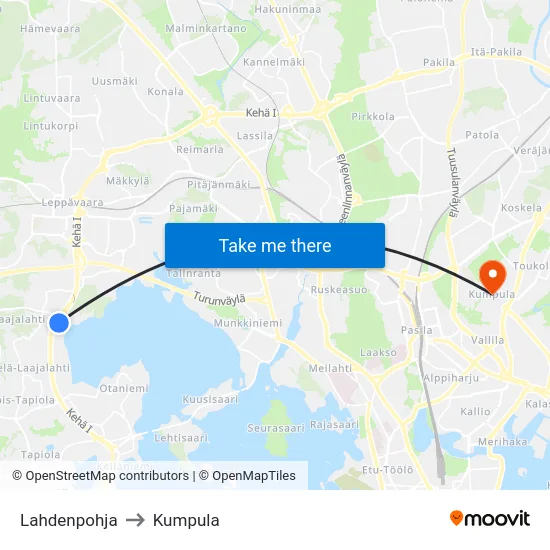 Lahdenpohja to Kumpula map