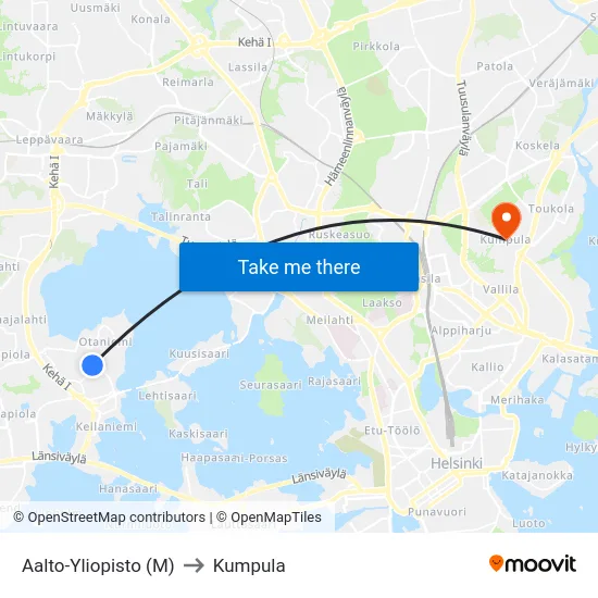 Aalto-Yliopisto (M) to Kumpula map