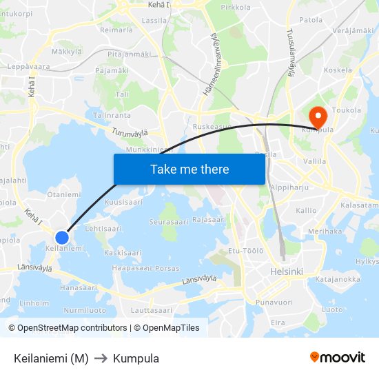 Keilaniemi (M) to Kumpula map