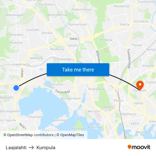 Laajalahti to Kumpula map