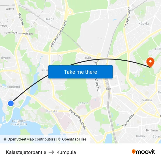 Kalastajatorpantie Road to Kumpula map