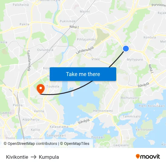 Kivikontie to Kumpula map