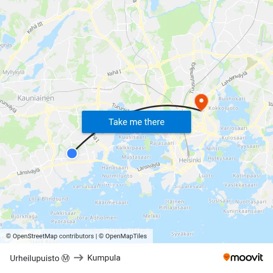 Urheilupuisto Ⓜ️ to Kumpula map