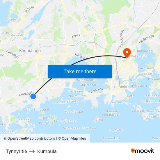 Tynnyritie to Kumpula map