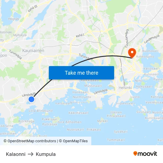 Kalaonni to Kumpula map
