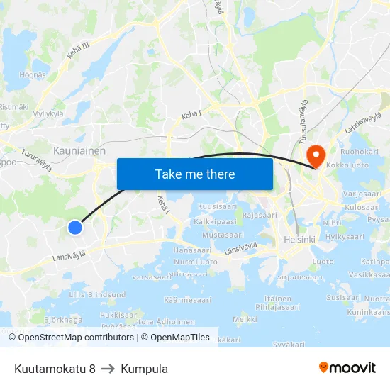 Kuutamokatu 8 to Kumpula map