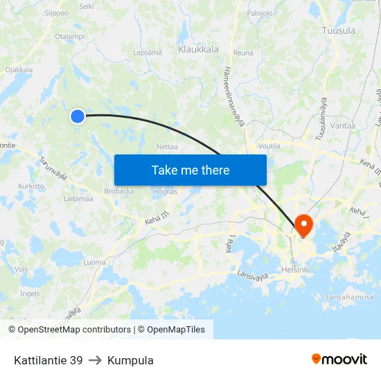 39 Kattilantie to Kumpula map