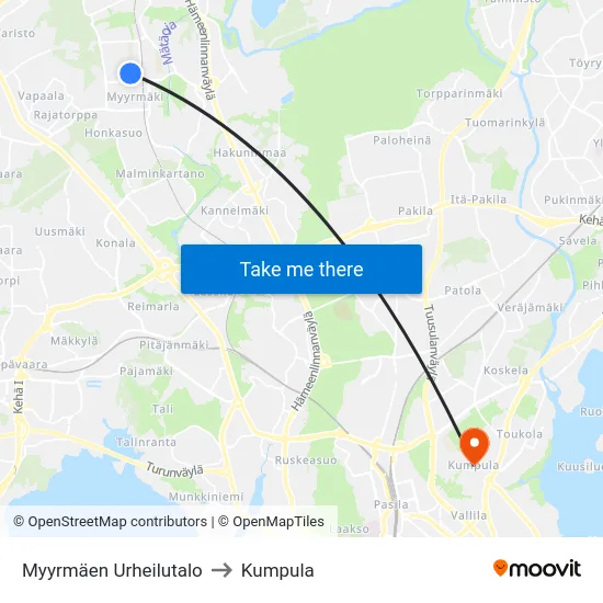 Myyrmäen Urheilutalo to Kumpula map