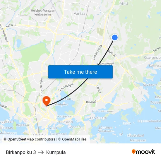 Birkanpolku 3 to Kumpula map