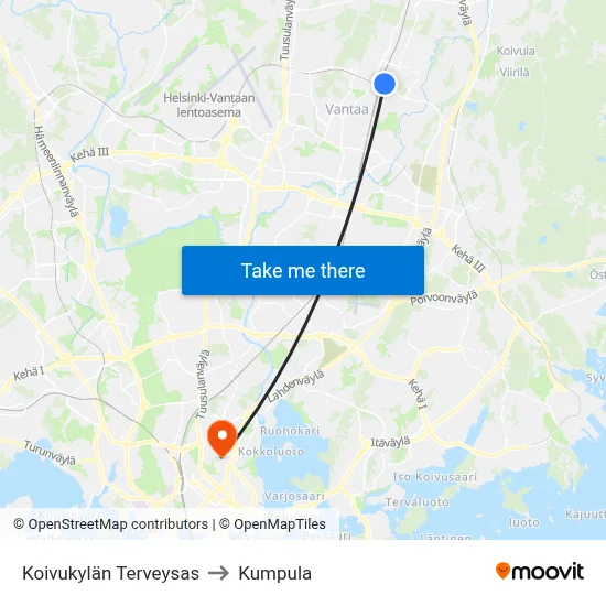 Koivukylä Health Station to Kumpula map