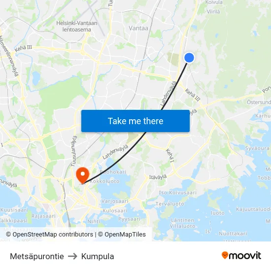 Metsäpurontie to Kumpula map