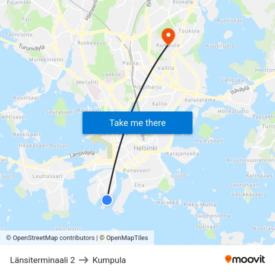 West Terminal 2 to Kumpula map