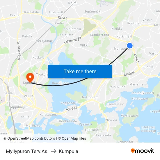 Myllypuron Terv.As. to Kumpula map