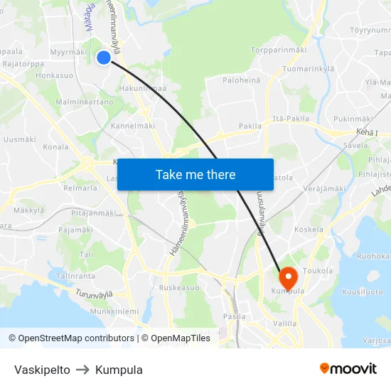 Vaskipelto to Kumpula map