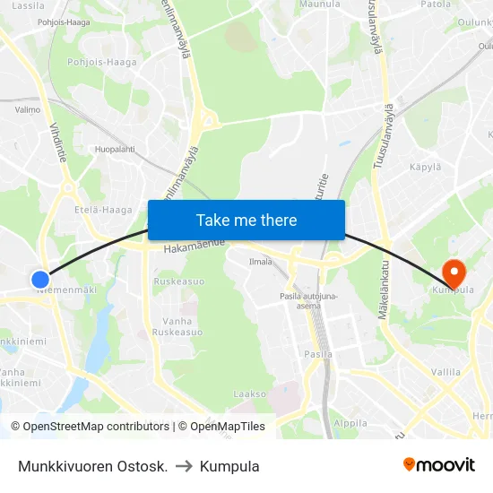 Munkkivuoren Ostosk. to Kumpula map
