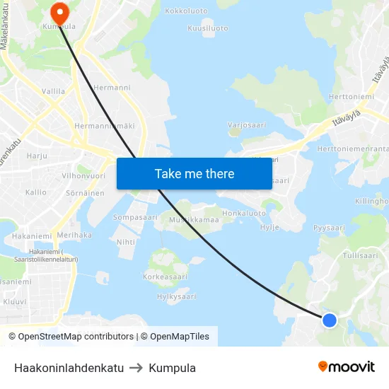 Haakoninlahti Street to Kumpula map