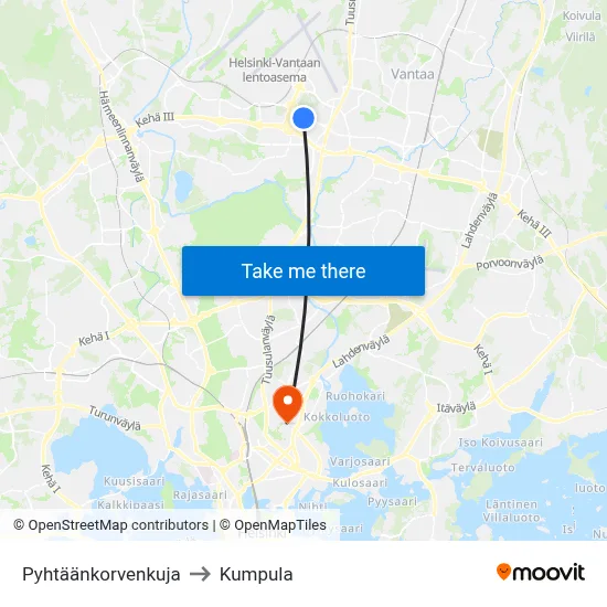 Pyhtaankorventie to Kumpula map