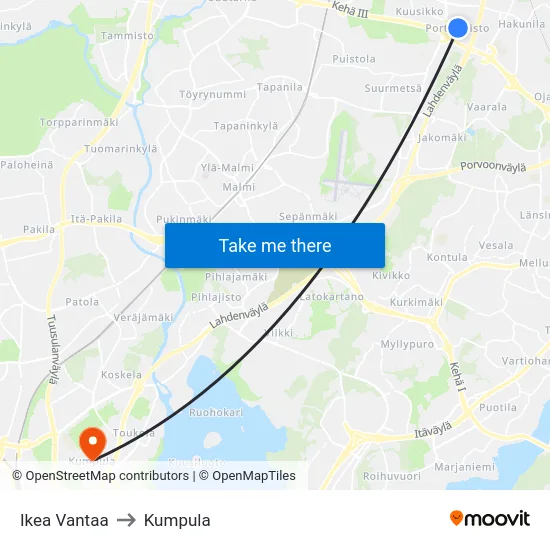 Ikea Vantaa to Kumpula map