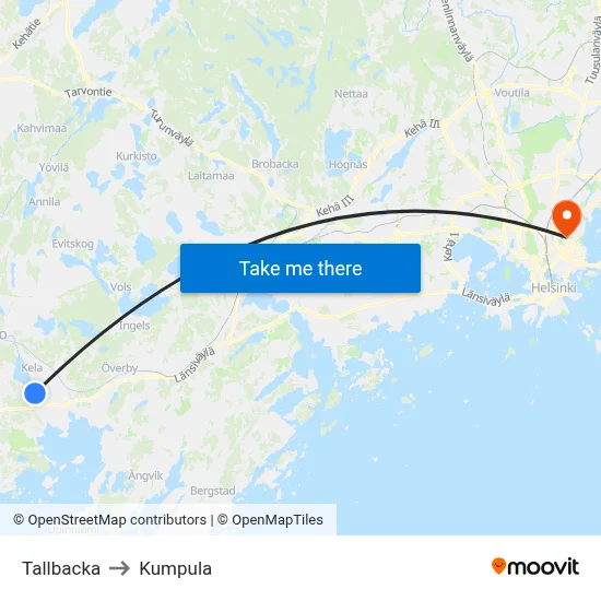 Tallbacka to Kumpula map