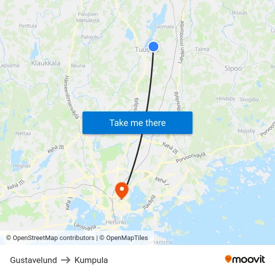 Gustavelund to Kumpula map