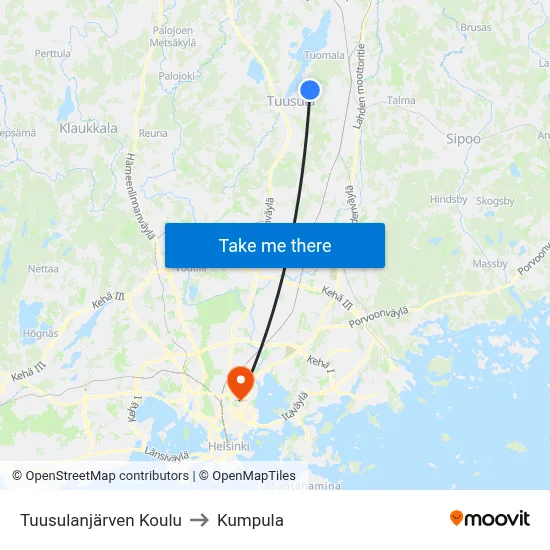 Lake Tuusula School to Kumpula map