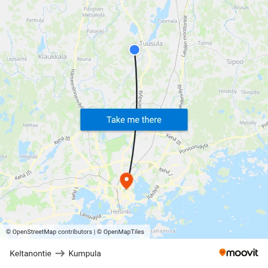 Keltanontie to Kumpula map