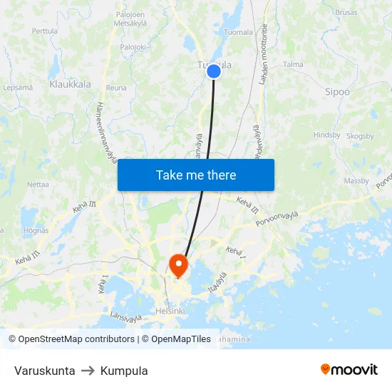 Varuskunta to Kumpula map