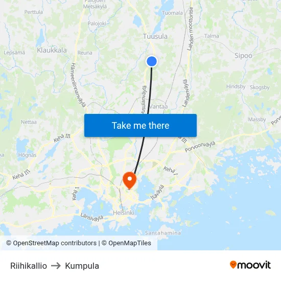 Riihikallio to Kumpula map