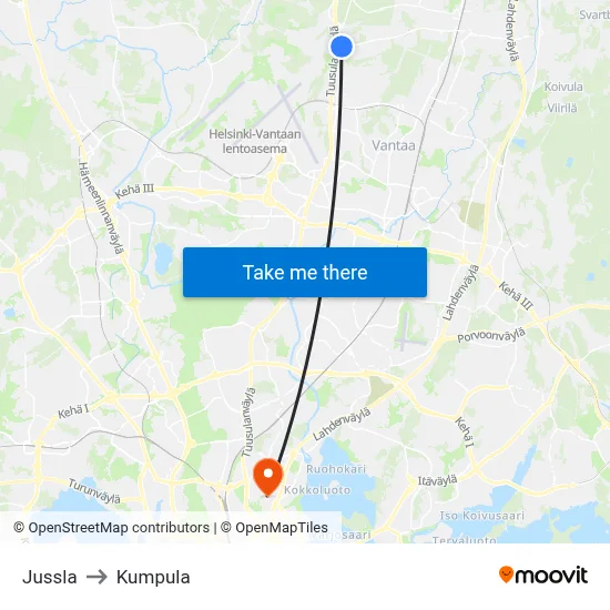Jussla to Kumpula map