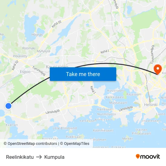 Reelinkikatu to Kumpula map
