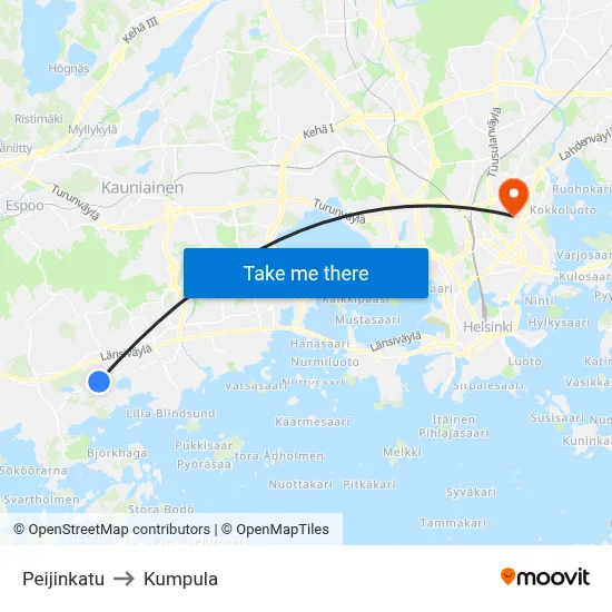 Peijinkatu to Kumpula map