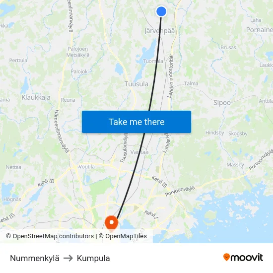 Nummenkylä to Kumpula map