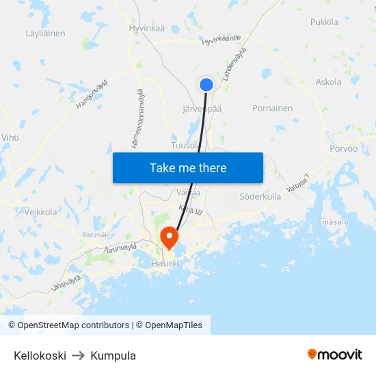 Kellokoski to Kumpula map