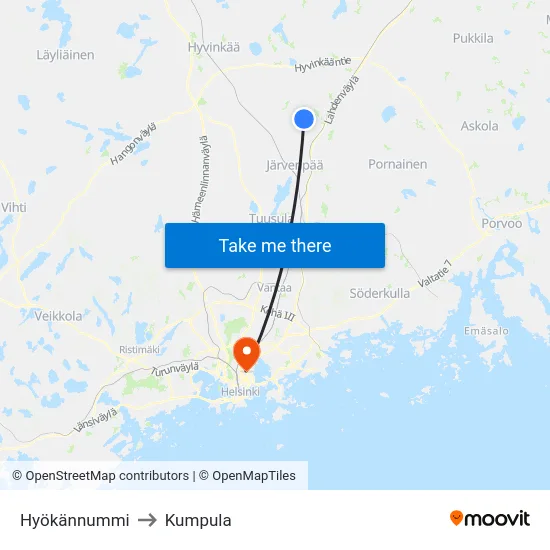 Hyökännummi to Kumpula map