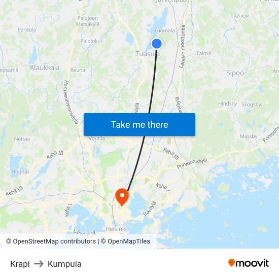 Krapi to Kumpula map