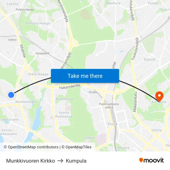 Munkkivuoren Kirkko to Kumpula map