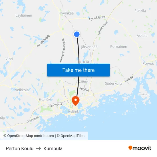 Pertun Koulu to Kumpula map