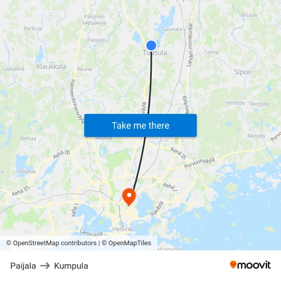 Paijala to Kumpula map