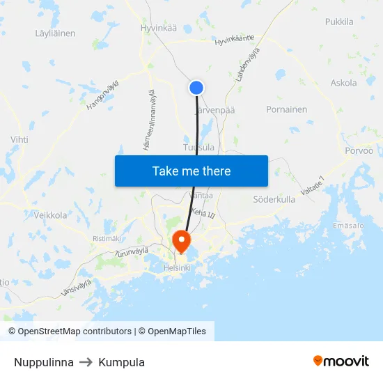 Nuppulinna to Kumpula map