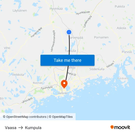 Vaasa to Kumpula map