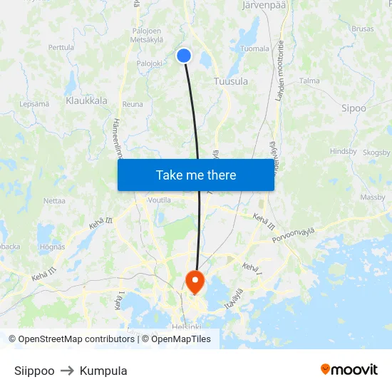 Siippoo to Kumpula map