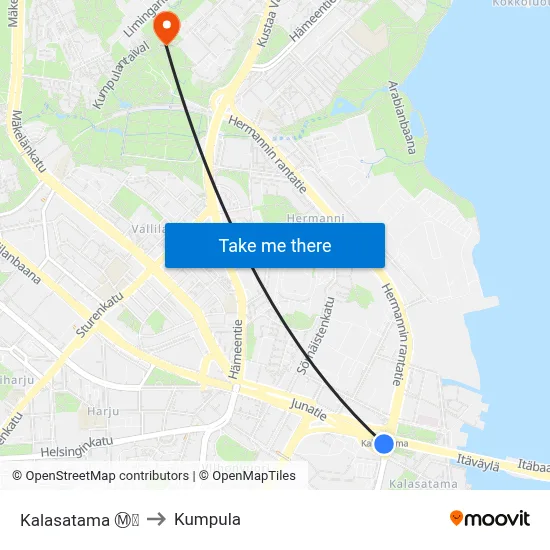 Kalasatama Ⓜ️🛍️ to Kumpula map